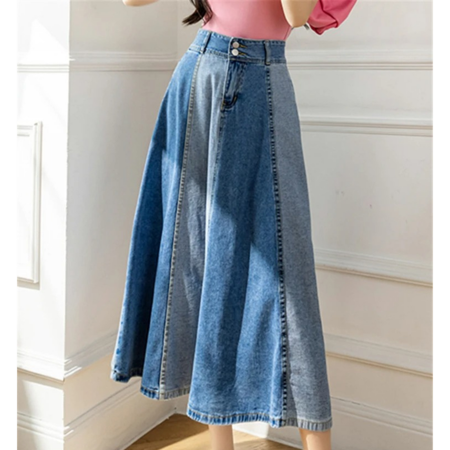 Vibonanza | Denim Kleurblok Midi Rok Hoge Taille