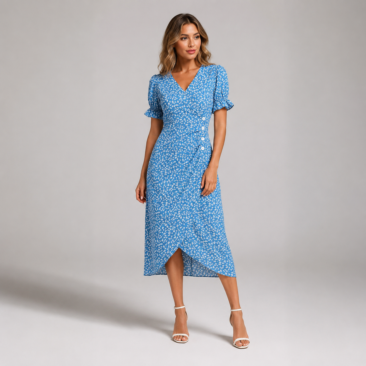 Vibonanza | Elegante Midi Zomerjurk met Bloemenprint
