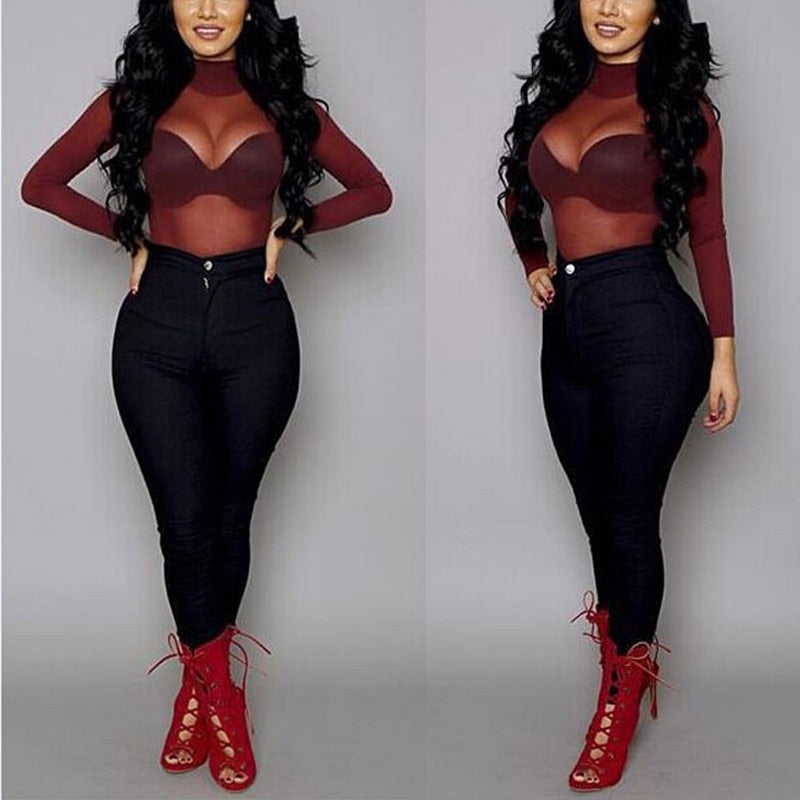Vibonanza | Transparante Stretch Top Zwart/Bordeaux
