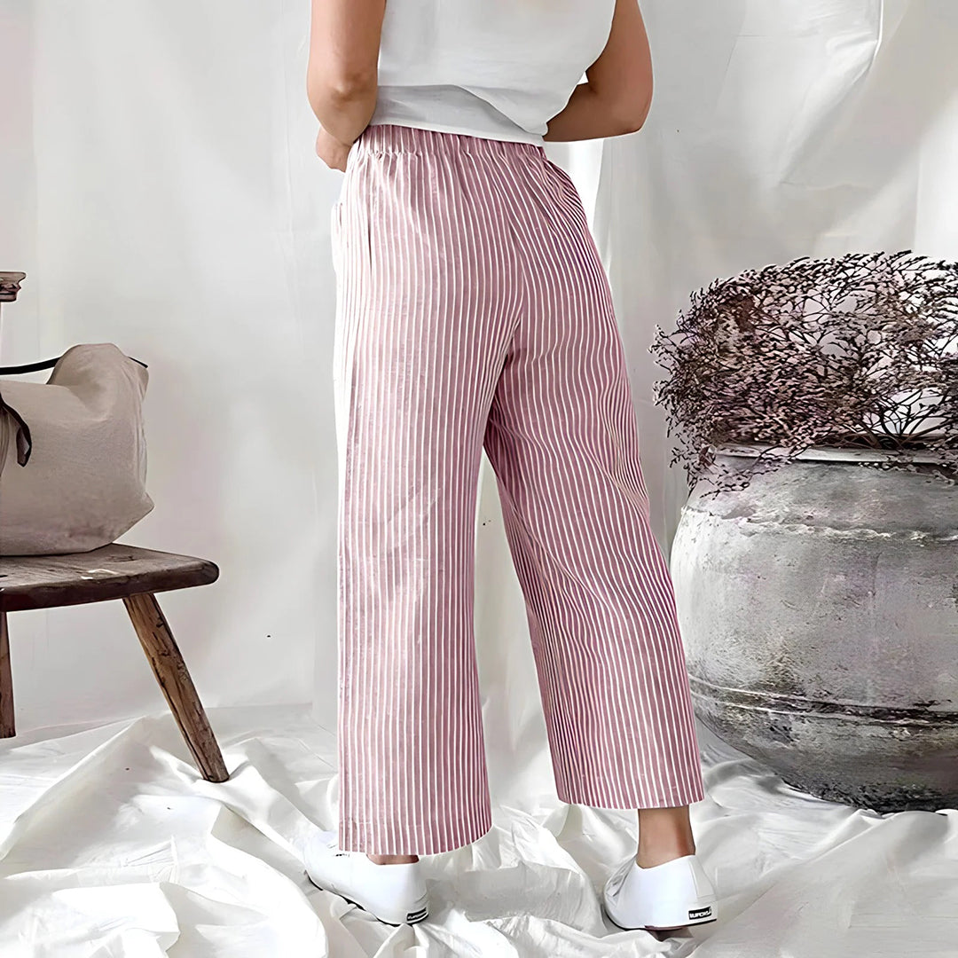 Vibonanza | Dames Gestreepte Wijde Broek met Elastische Tailleband