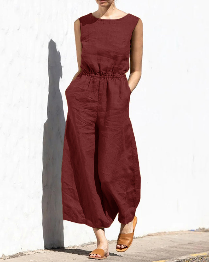 Vibonanza | Dames Mouwloze Jumpsuit Linnen Katoen Mix