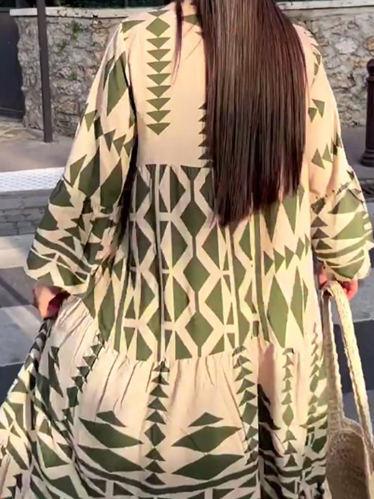 Vibonanza | Bohemian Maxi Jurk met V-Hals en Driekwart Mouwen