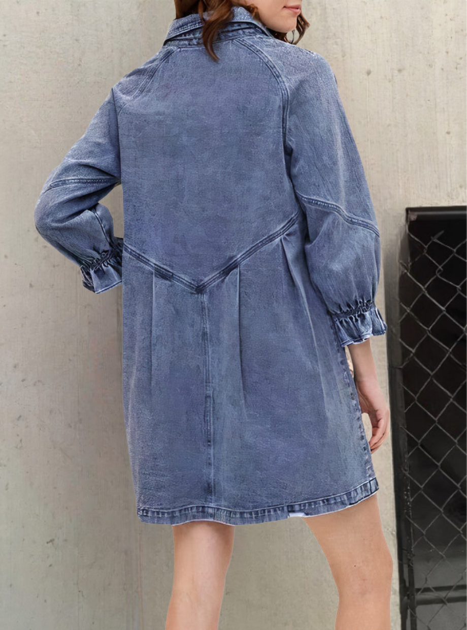Vibonanza | Roze Denim Jurk met Lange Mouwen