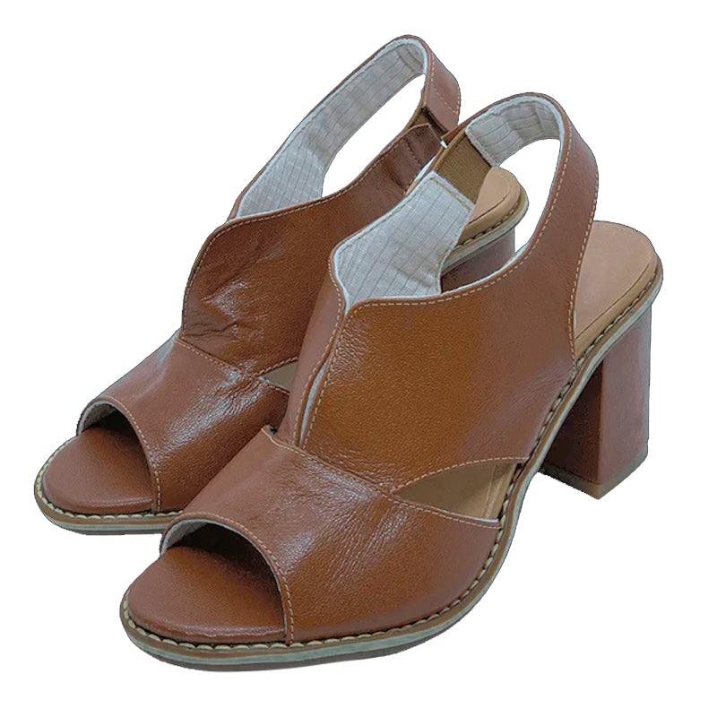 Vibonanza | Leren Dames Slingback Sandalen met Blokhak Bruin