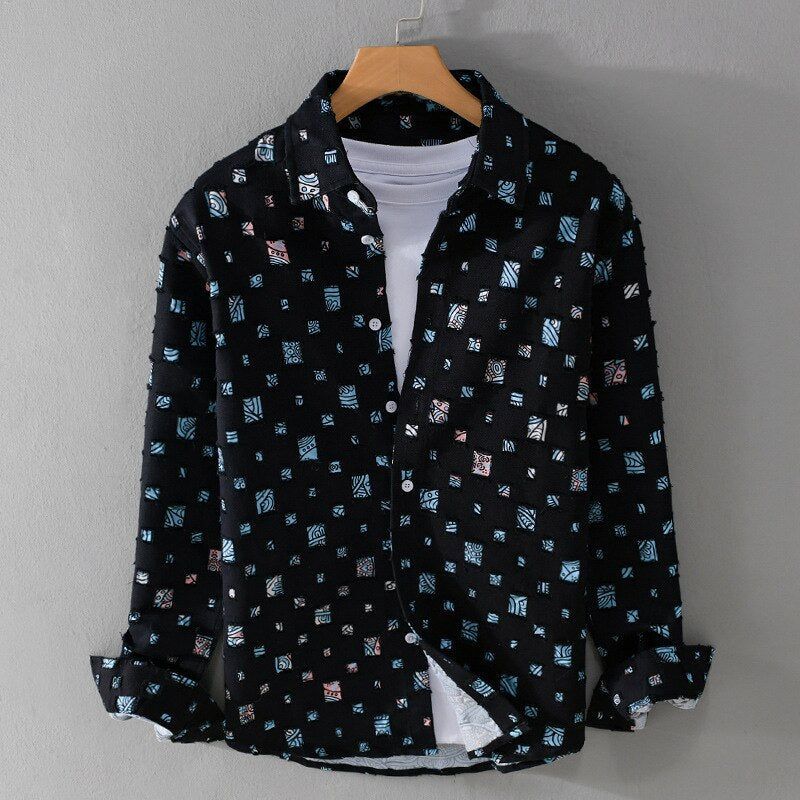 Vibonanza | Heren Denimhemd Abstracte Print Lange Mouw