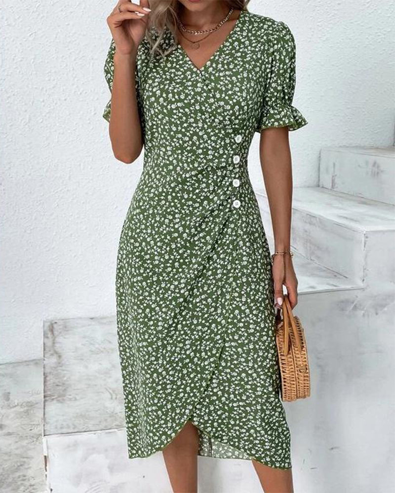 Vibonanza | Elegante Midi Zomerjurk met Bloemenprint