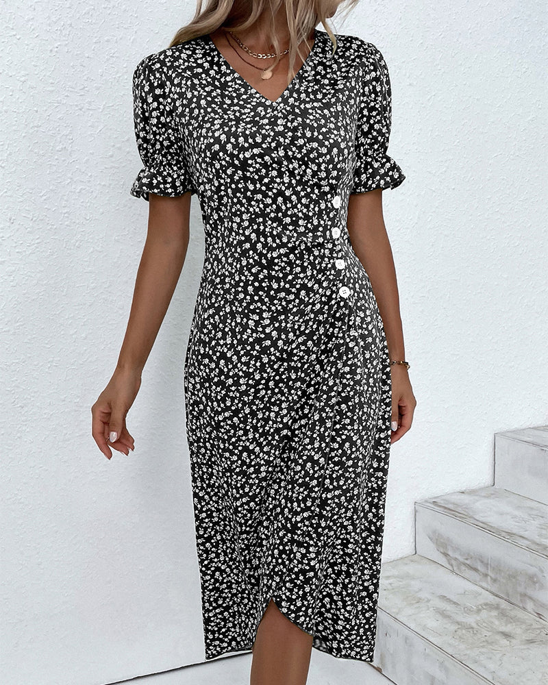 Vibonanza | Elegante Midi Zomerjurk met Bloemenprint