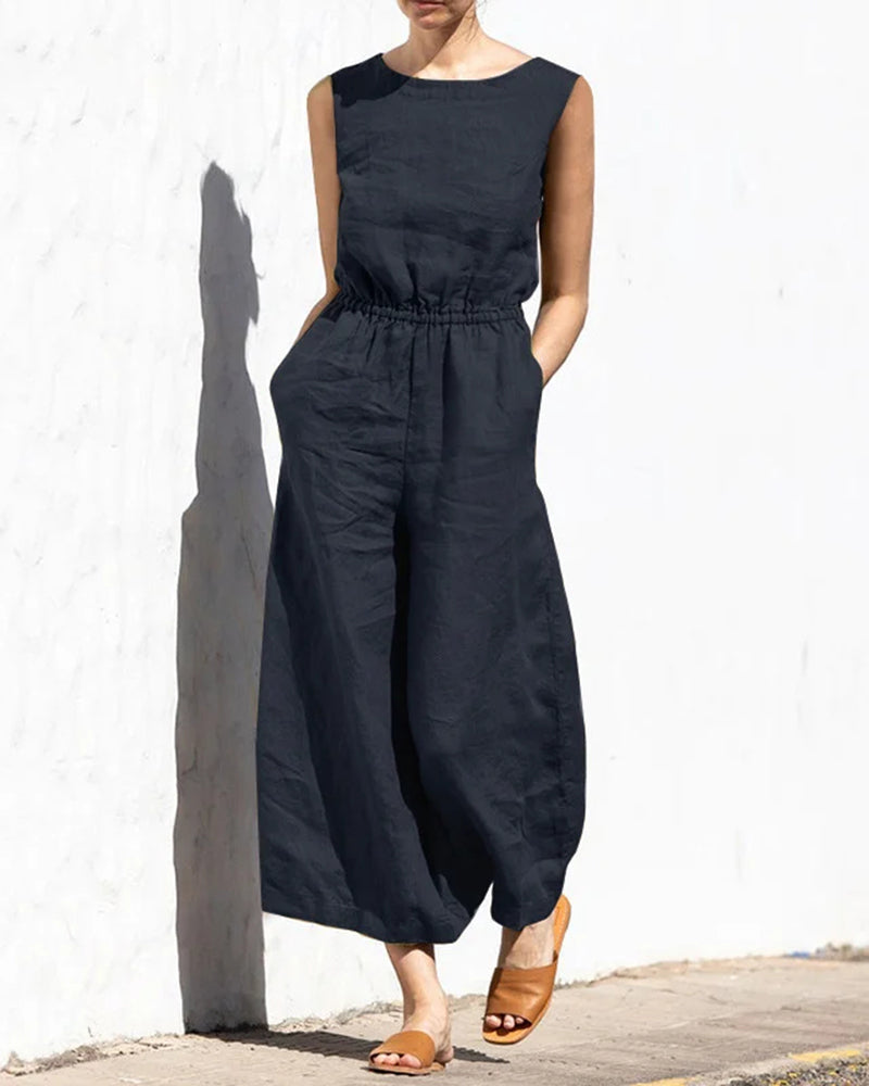 Vibonanza | Dames Mouwloze Jumpsuit Linnen Katoen Mix