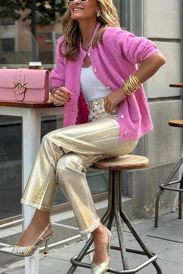 Vibonanza | Roze Cardigan met Knopen en Zakken