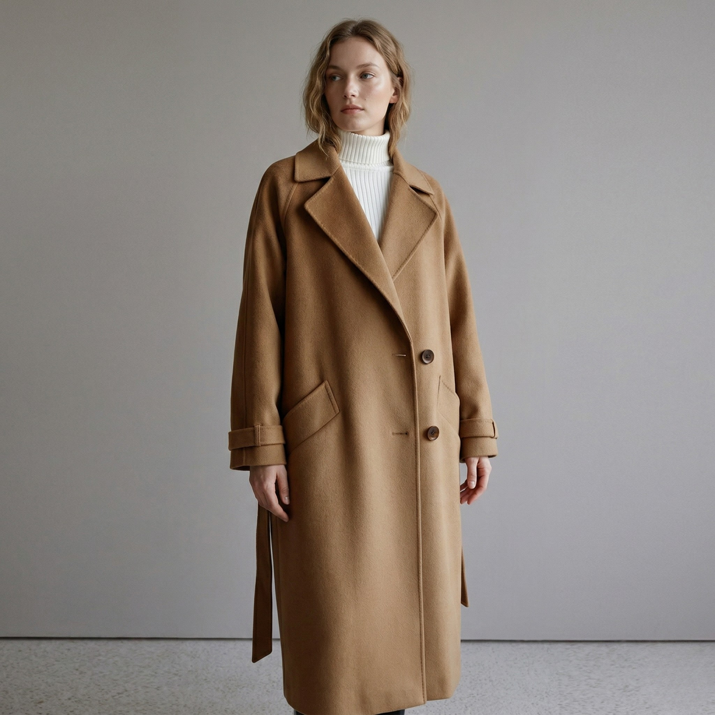 Vibonanza | Lange Wollen Trenchcoat Beige Met Ceintuur