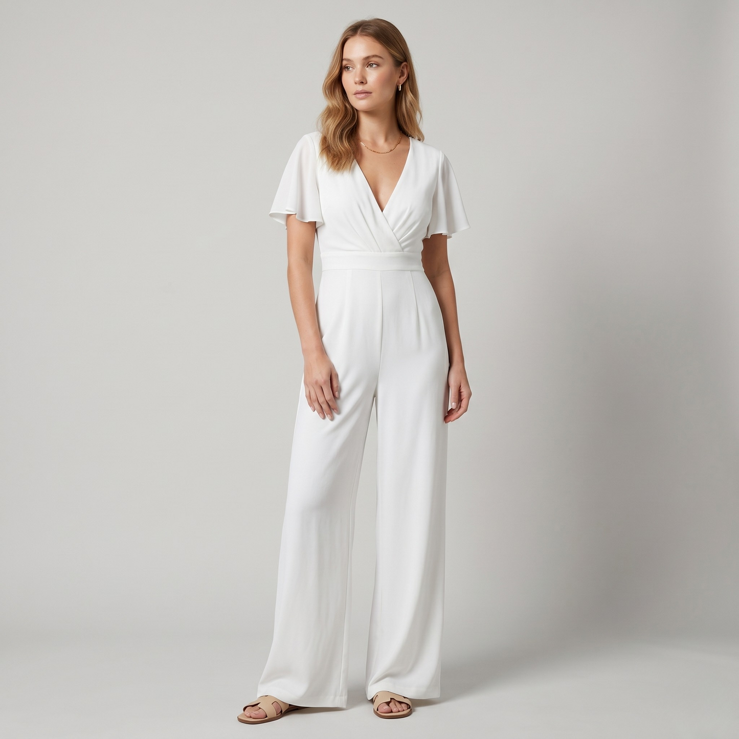 Vibonanza | Roze V-hals Jumpsuit met Brede Pijpen en Verstelbare Taille
