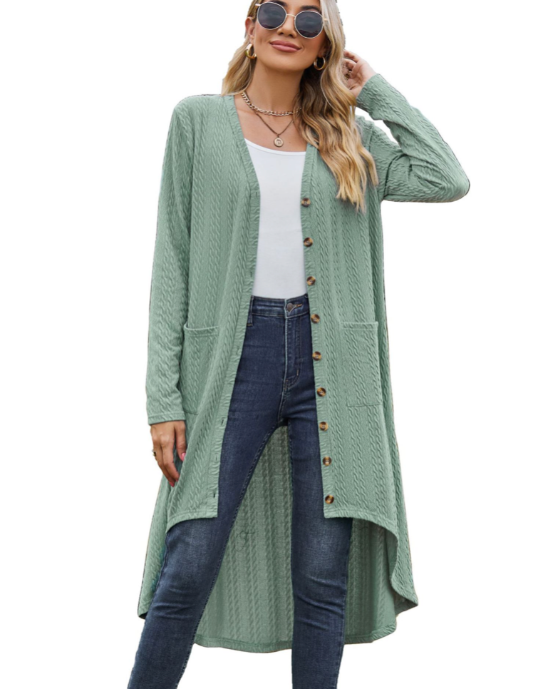 Vibonanza | Donkerblauwe lange cardigan met V-hals en zakken
