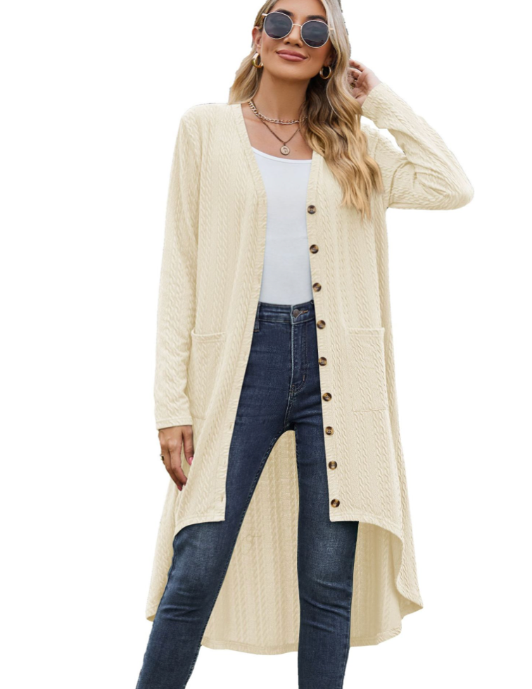 Vibonanza | Donkerblauwe lange cardigan met V-hals en zakken