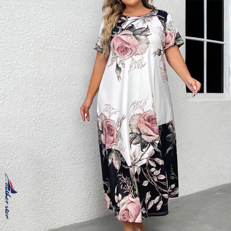 Vibonanza | Plus-Size Bloemenprint Maxi-Jurk met Korte Mouwen