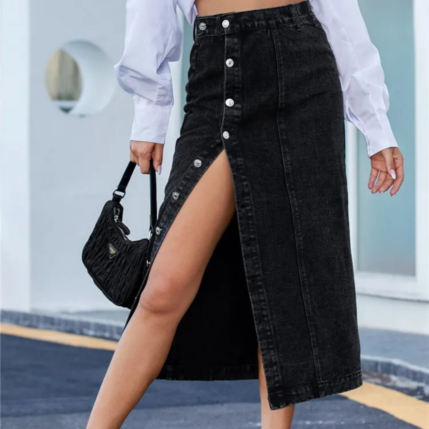 Vibonanza | Dames Zwarte Denim A-lijn Rok