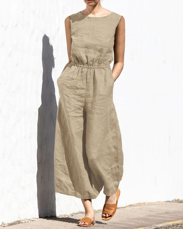 Vibonanza | Dames Mouwloze Jumpsuit Linnen Katoen Mix