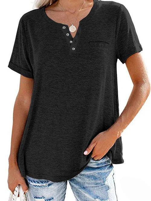 Vibonanza | Dames Lichtblauwe Henley Shirt Korte Mouwen Katoen