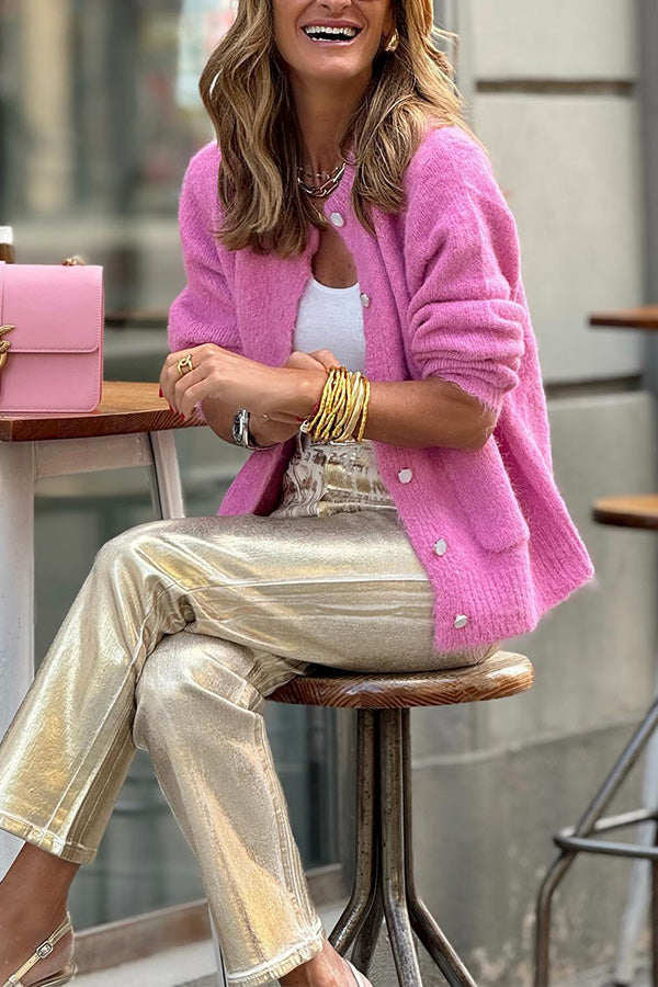 Vibonanza | Roze Cardigan met Knopen en Zakken