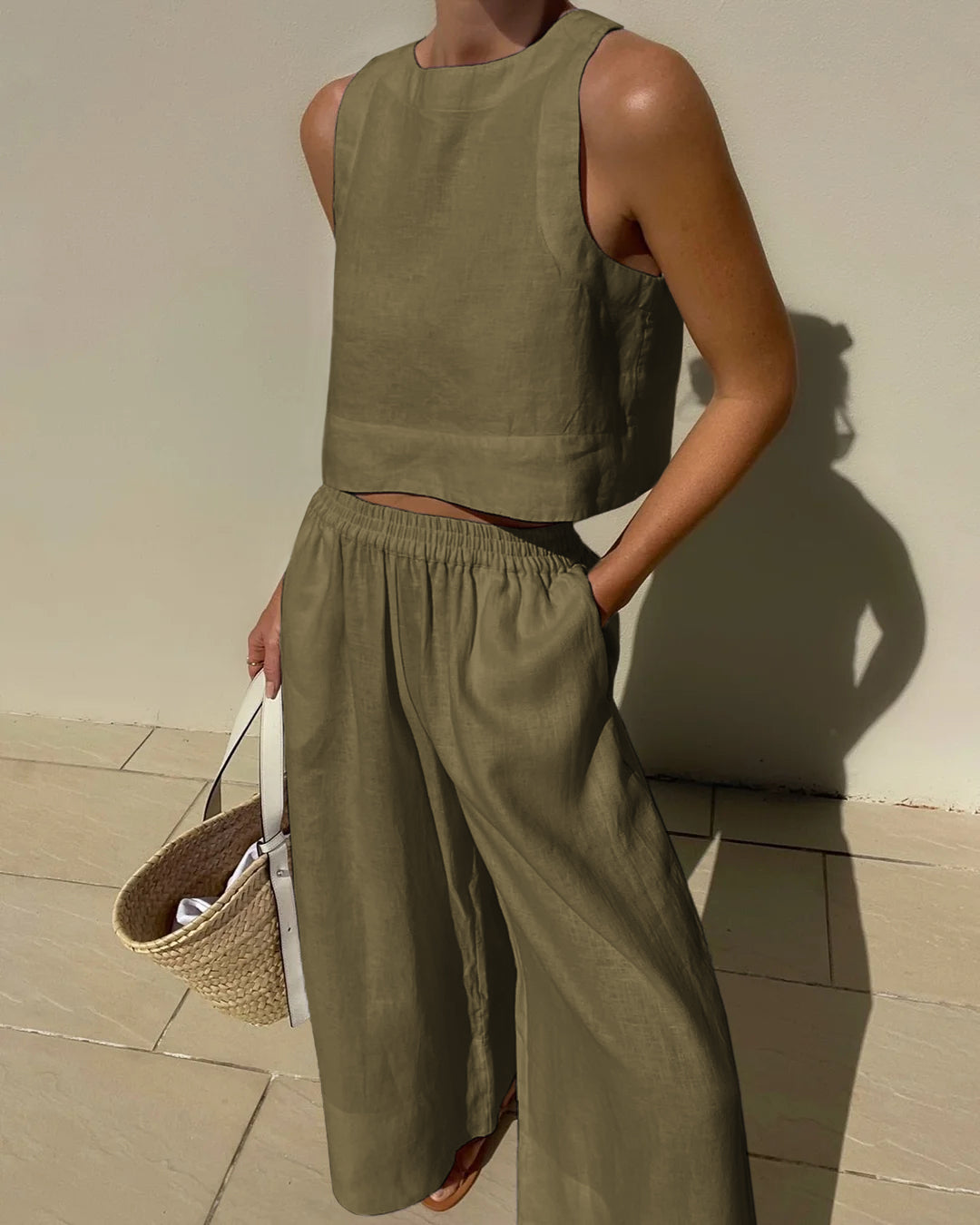 Vibonanza | Dames Linnen Crop Top en Wijde Broek Set Beige