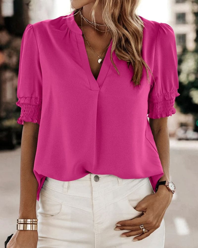 Vibonanza | Damesblouse Korte Mouw V-Hals Chiffon Effen