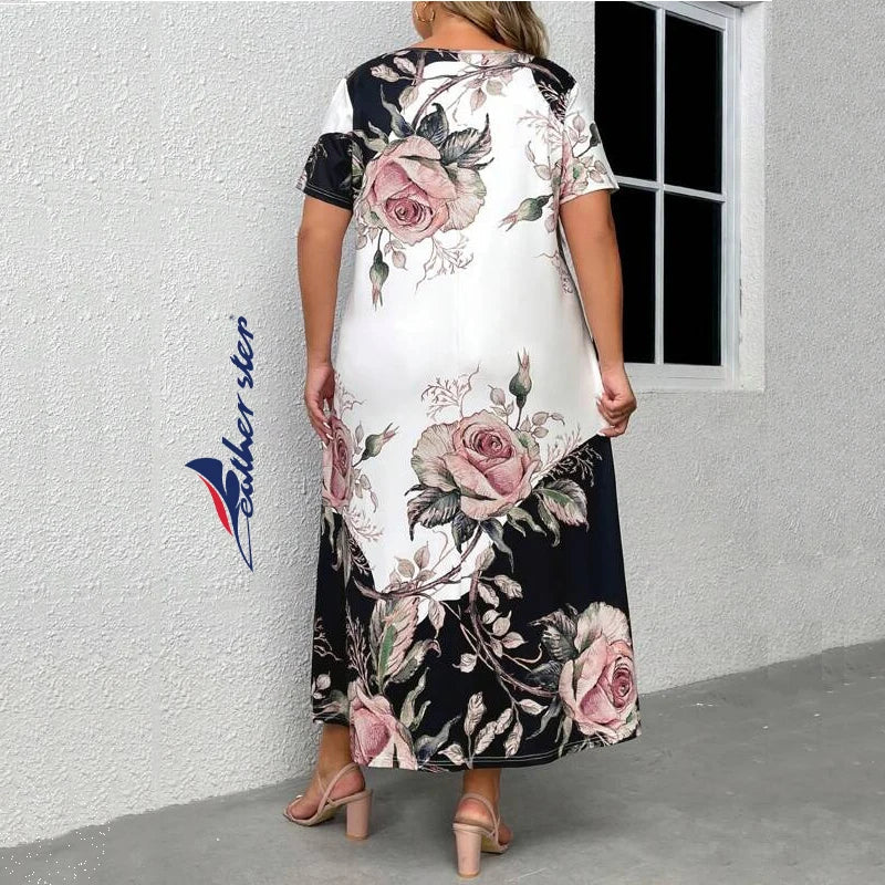 Vibonanza | Plus-Size Bloemenprint Maxi-Jurk met Korte Mouwen