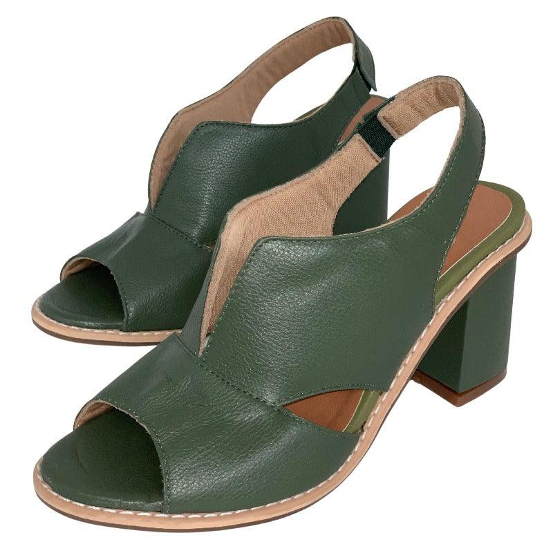 Vibonanza | Leren Dames Slingback Sandalen met Blokhak Bruin