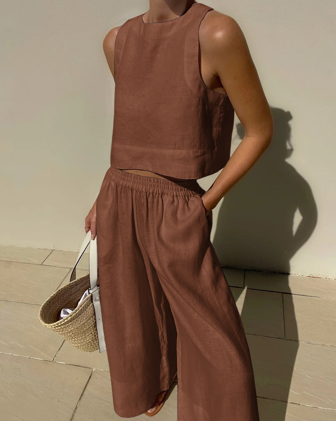 Vibonanza | Dames Linnen Crop Top en Wijde Broek Set Beige