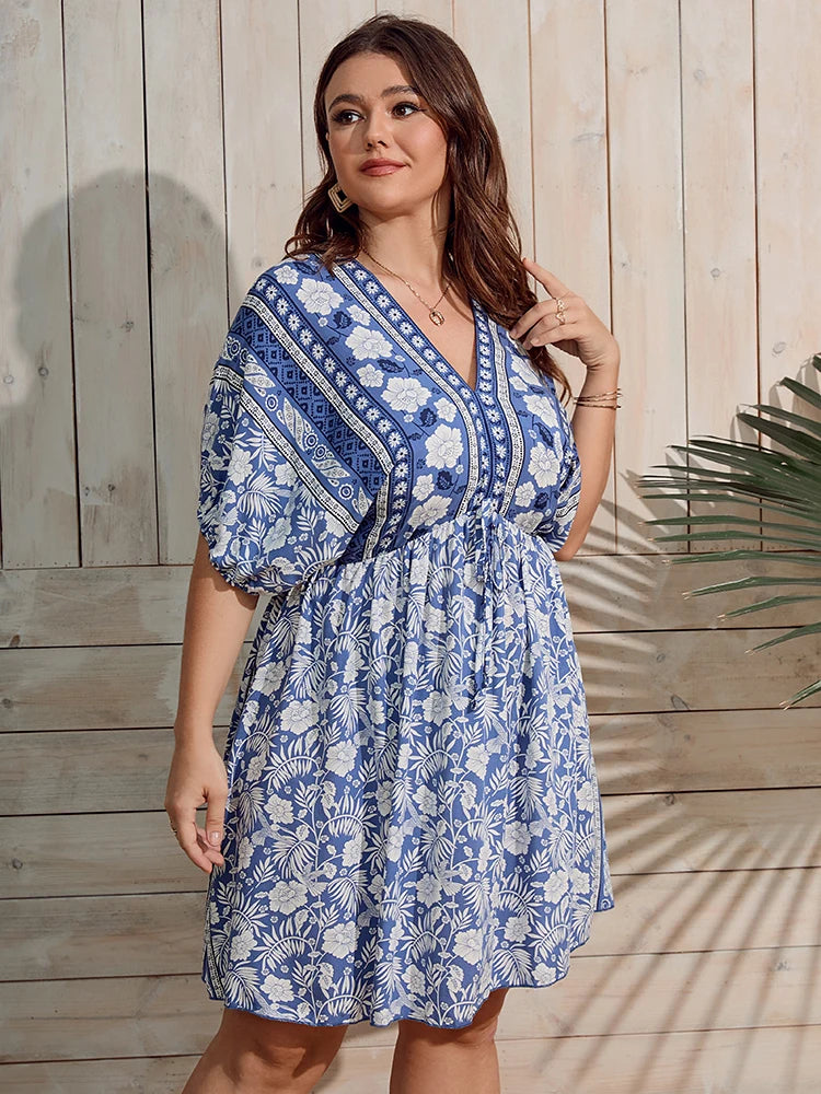 Vibonanza | Plus-Size Zomerjurk Bloemenprint Lichtblauw