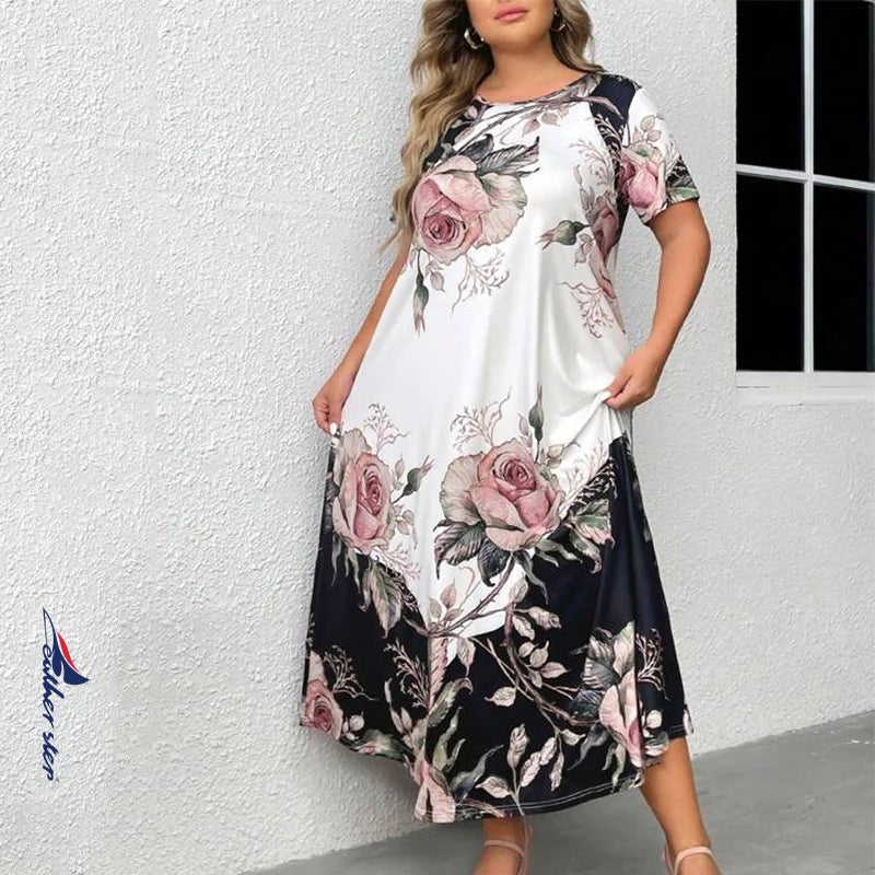 Vibonanza | Plus-Size Bloemenprint Maxi-Jurk met Korte Mouwen