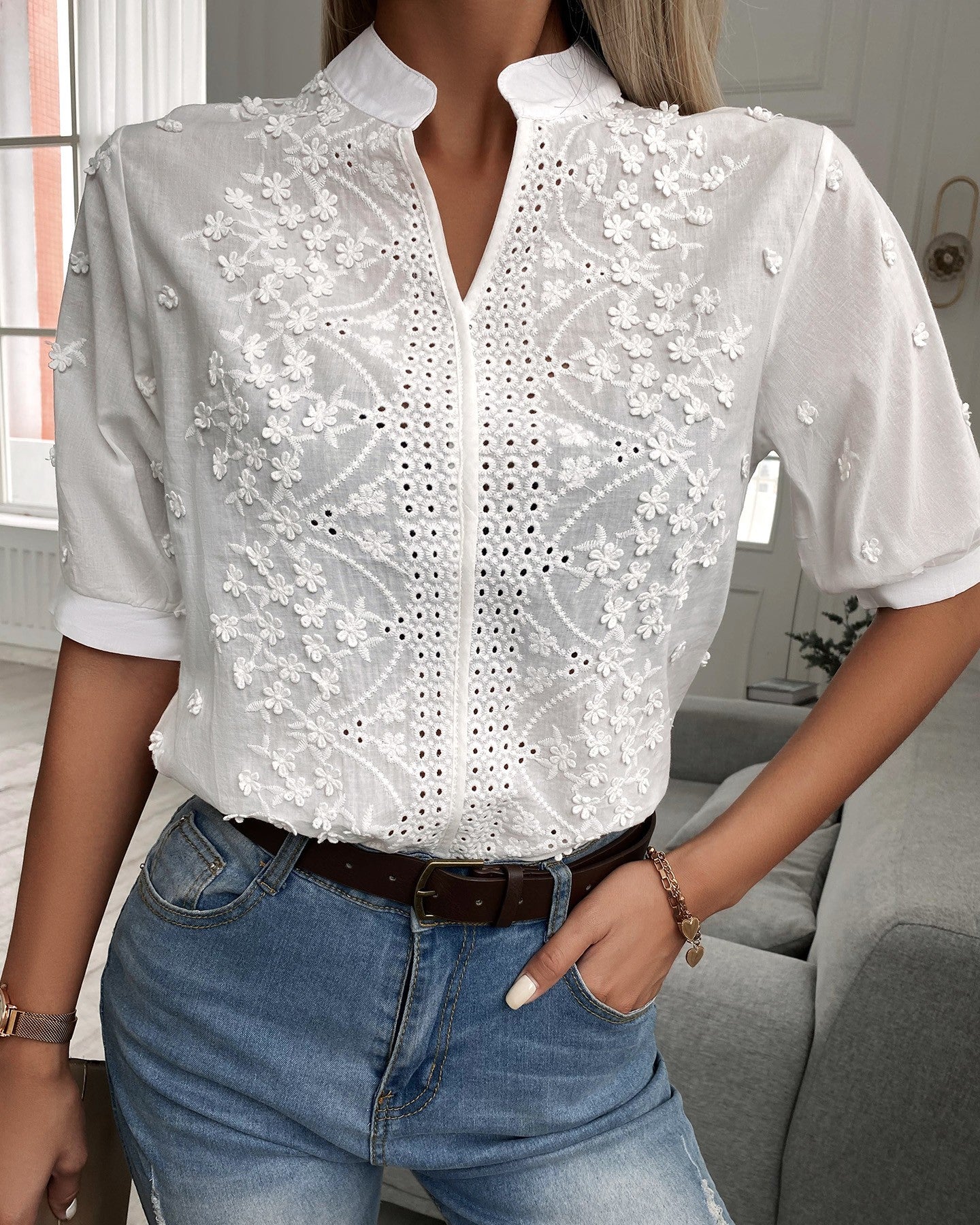 Vibonanza | Elegante Damesblouse Korte Mouw V-hals