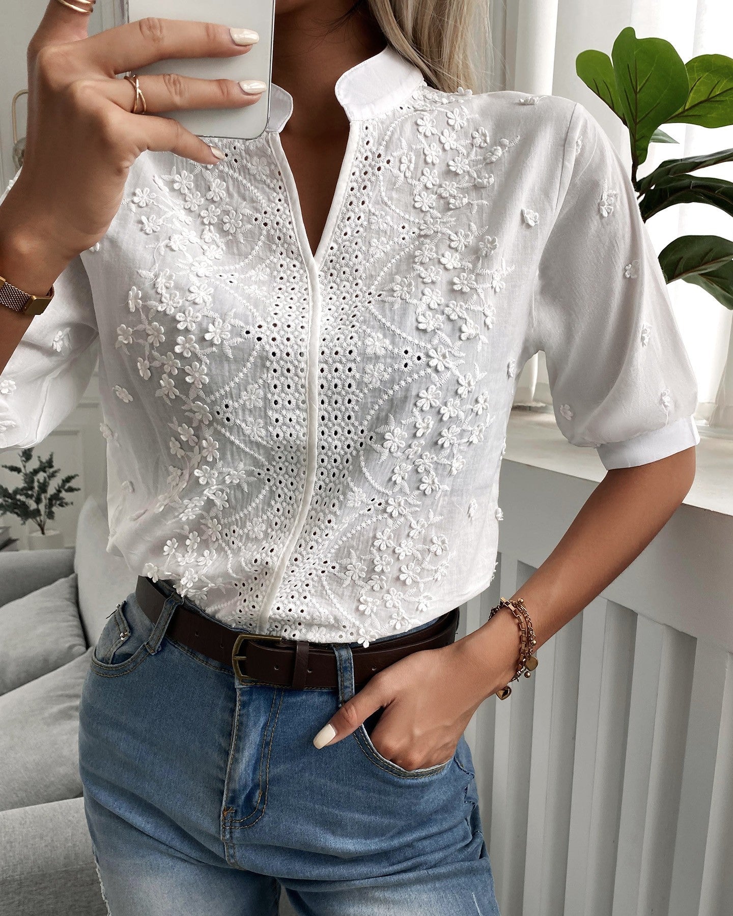 Vibonanza | Elegante Damesblouse Korte Mouw V-hals