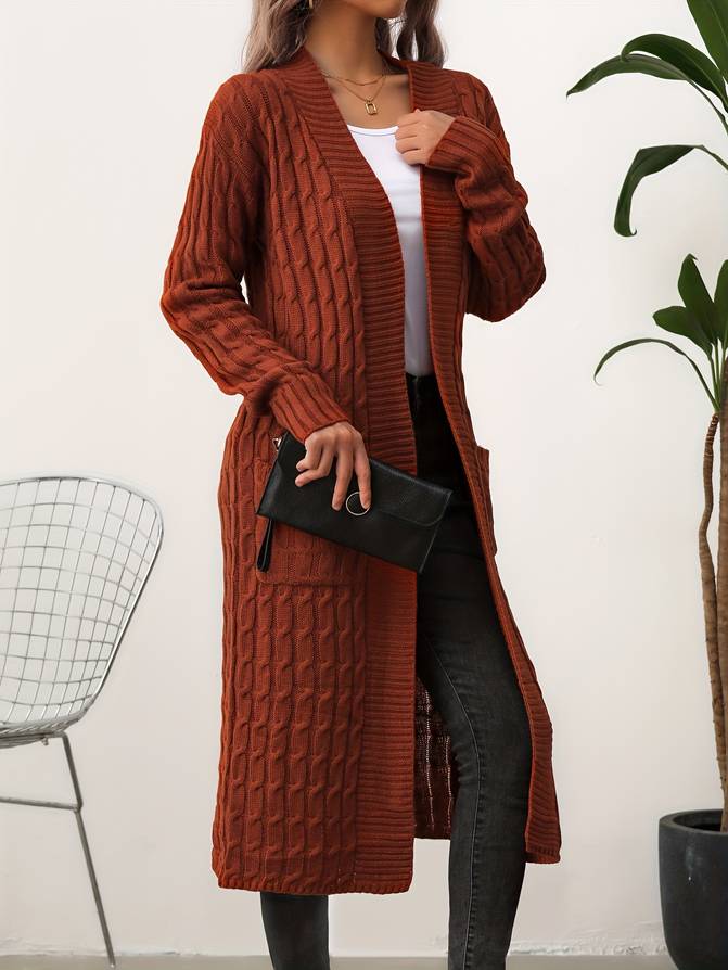 Vibonanza | Dames Lange Bruine Kabelpatroon Cardigan