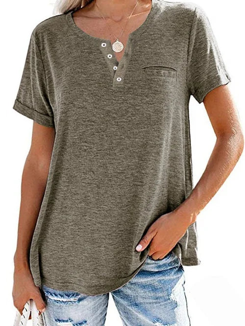 Vibonanza | Dames Lichtblauwe Henley Shirt Korte Mouwen Katoen