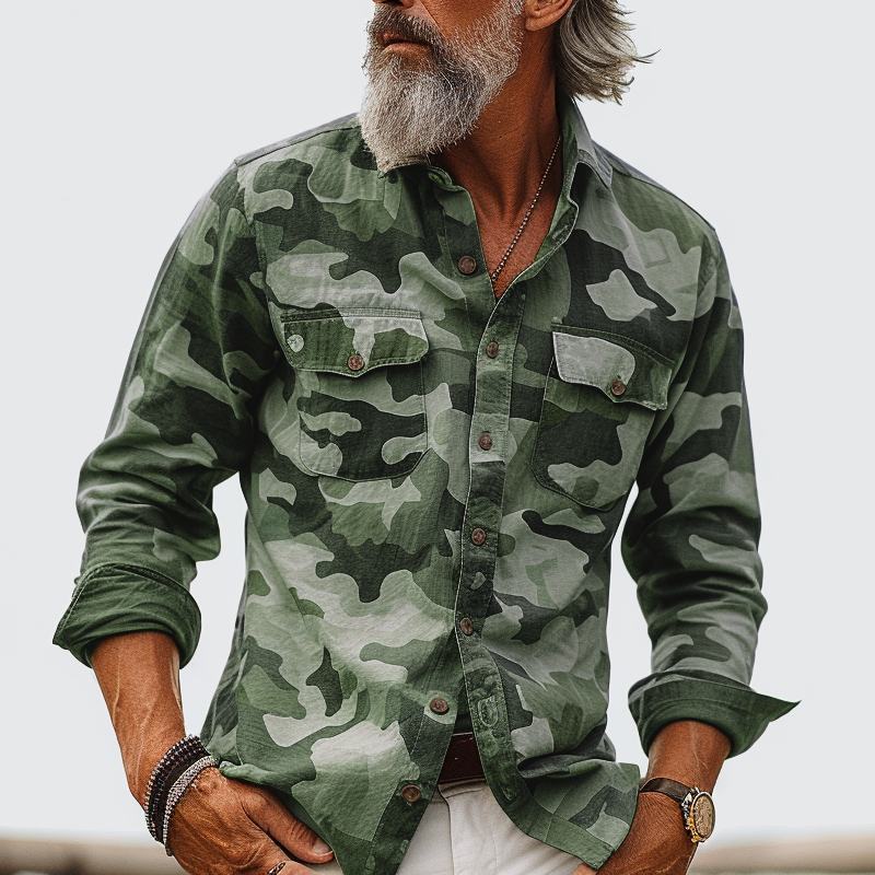 Vibonanza | Heren Camouflage Cargo Overhemd met Lange Mouw