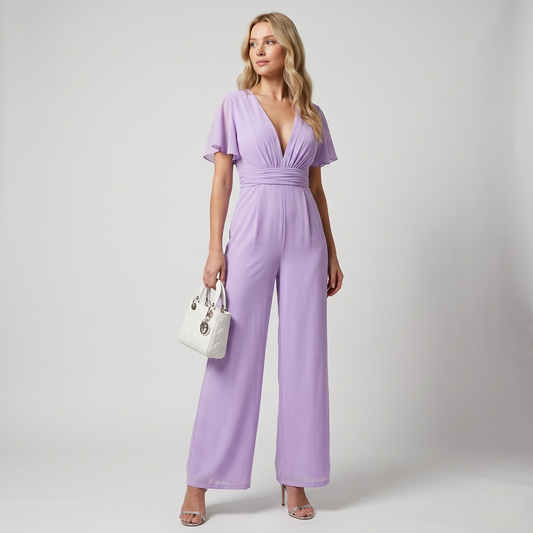 Vibonanza | Roze V-hals Jumpsuit met Brede Pijpen en Verstelbare Taille