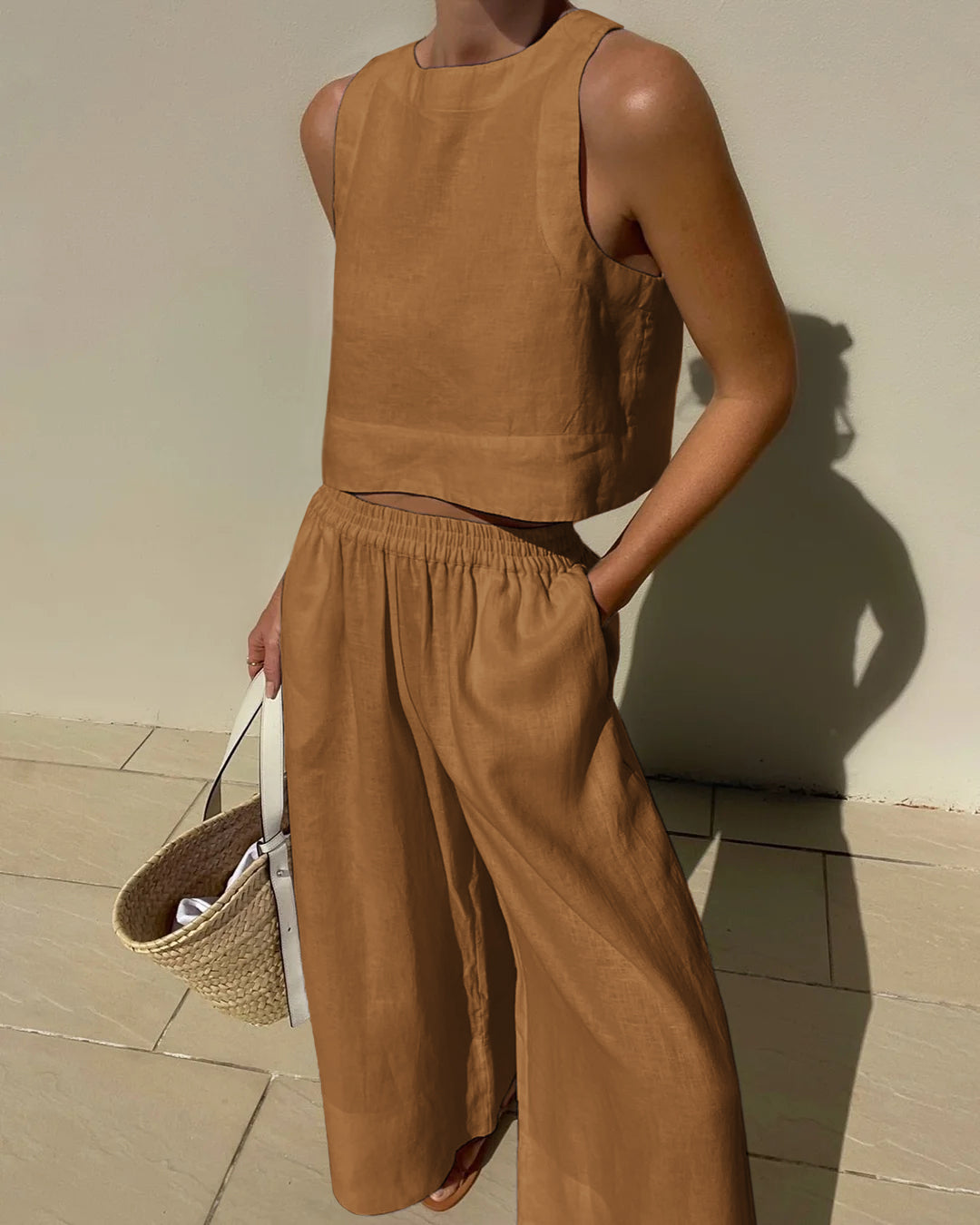 Vibonanza | Dames Linnen Crop Top en Wijde Broek Set Beige