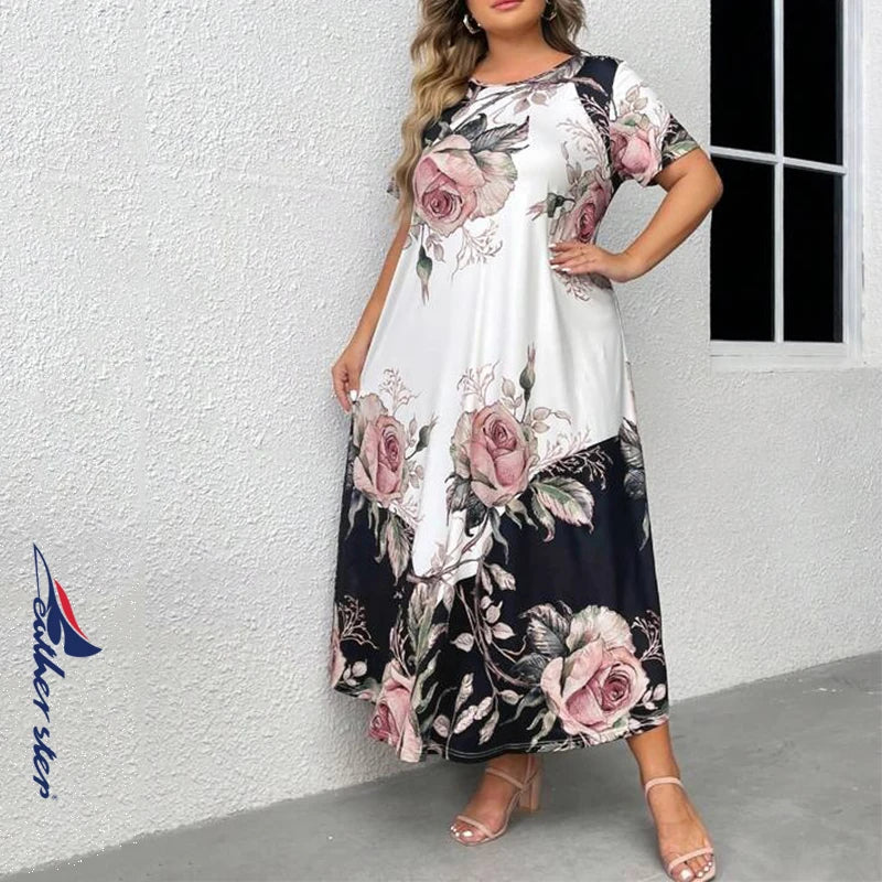 Vibonanza | Plus-Size Bloemenprint Maxi-Jurk met Korte Mouwen
