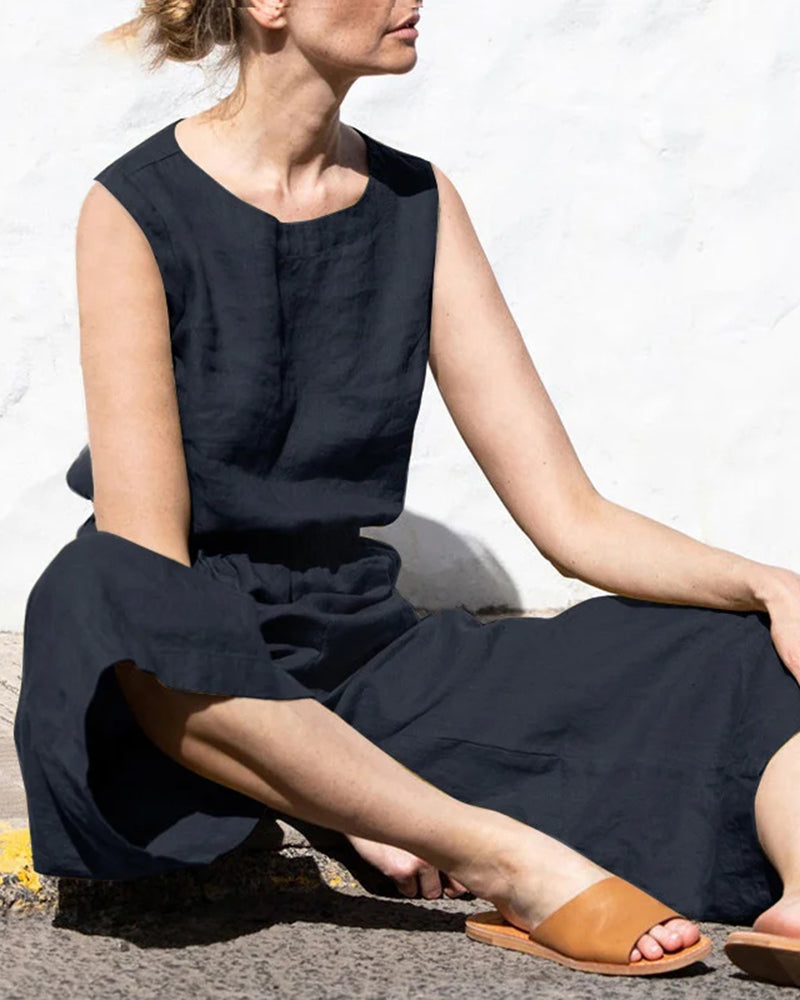 Vibonanza | Dames Mouwloze Jumpsuit Linnen Katoen Mix