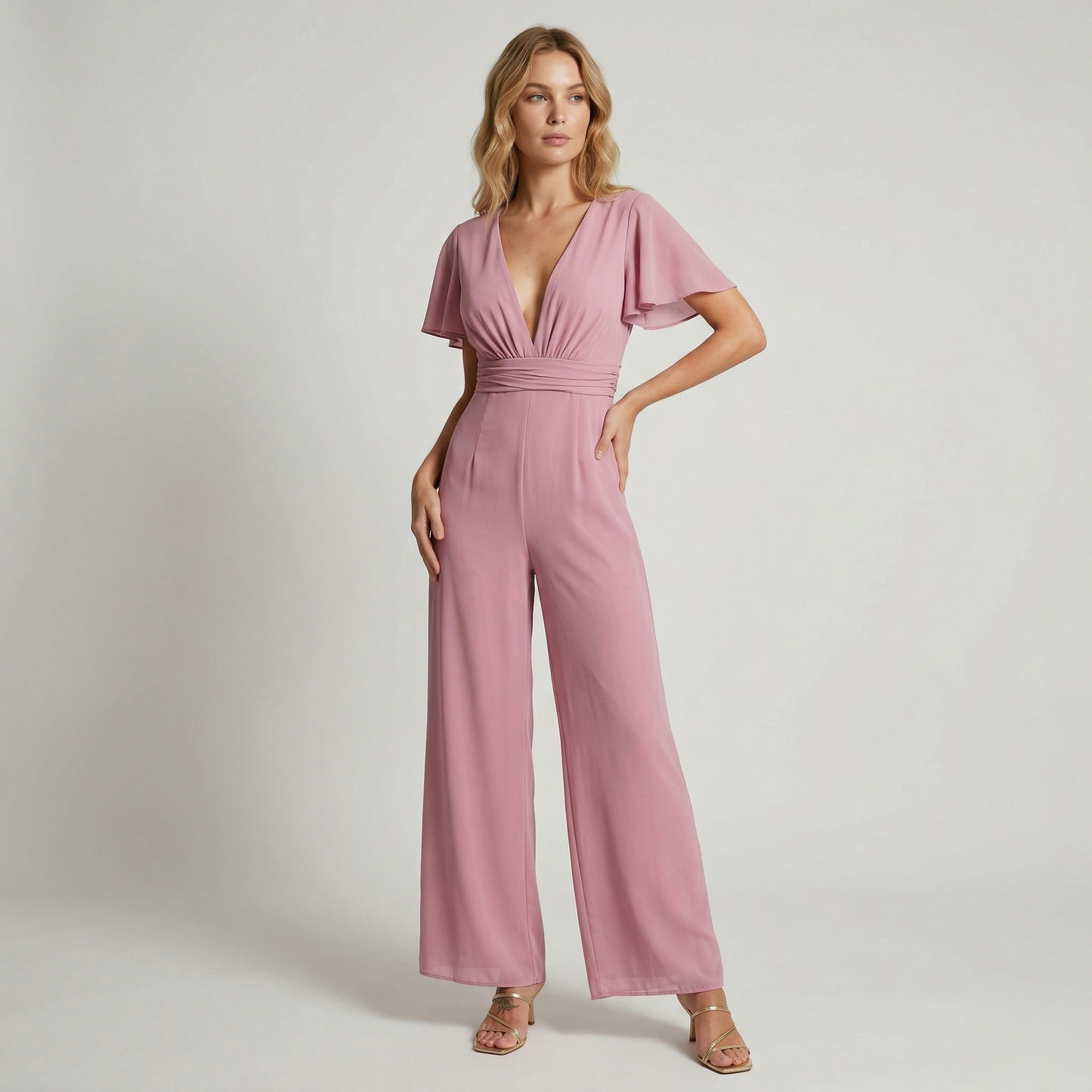 Vibonanza | Roze V-hals Jumpsuit met Brede Pijpen en Verstelbare Taille