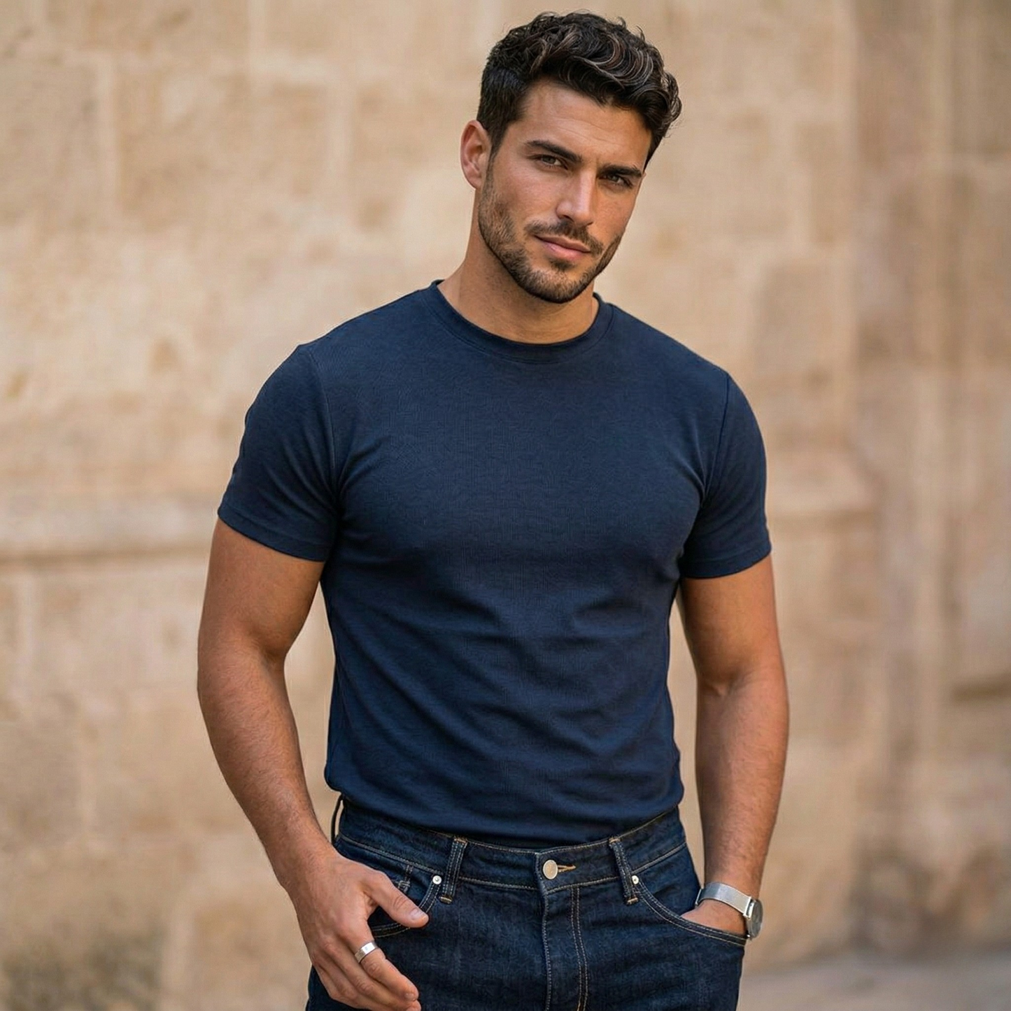 Vibonanza | Heren T-shirt Korte Mouwen Navy Blauw Katoen