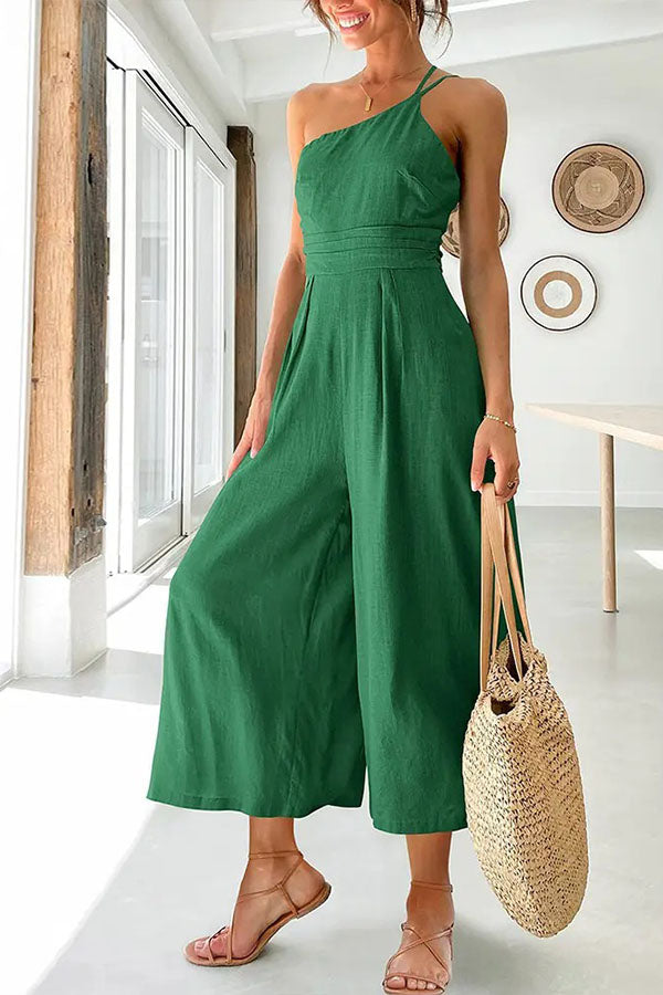 Vibonanza | Elegante Linnen Katoenen One-Shoulder Jumpsuit