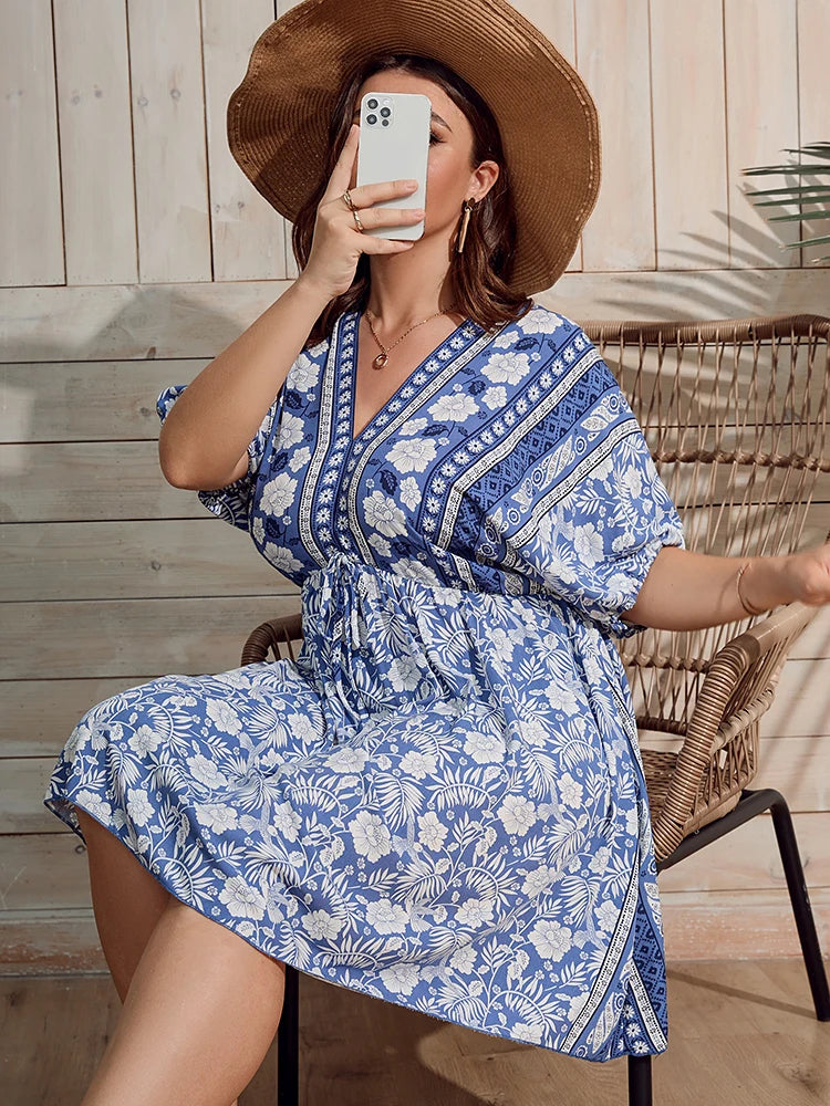 Vibonanza | Plus-Size Zomerjurk Bloemenprint Lichtblauw