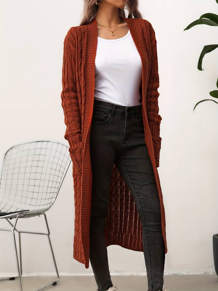 Vibonanza | Dames Lange Bruine Kabelpatroon Cardigan
