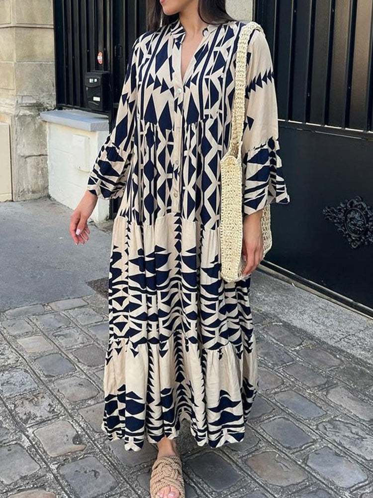 Vibonanza | Bohemian Maxi Jurk met V-Hals en Driekwart Mouwen