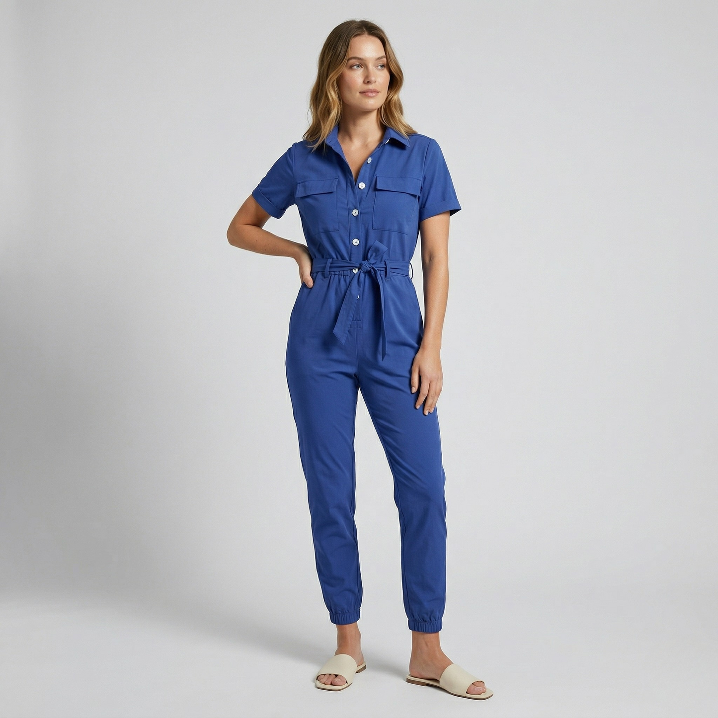 Vibonanza | Dames Chic Jumpsuit Met Knoopsluiting Blauw