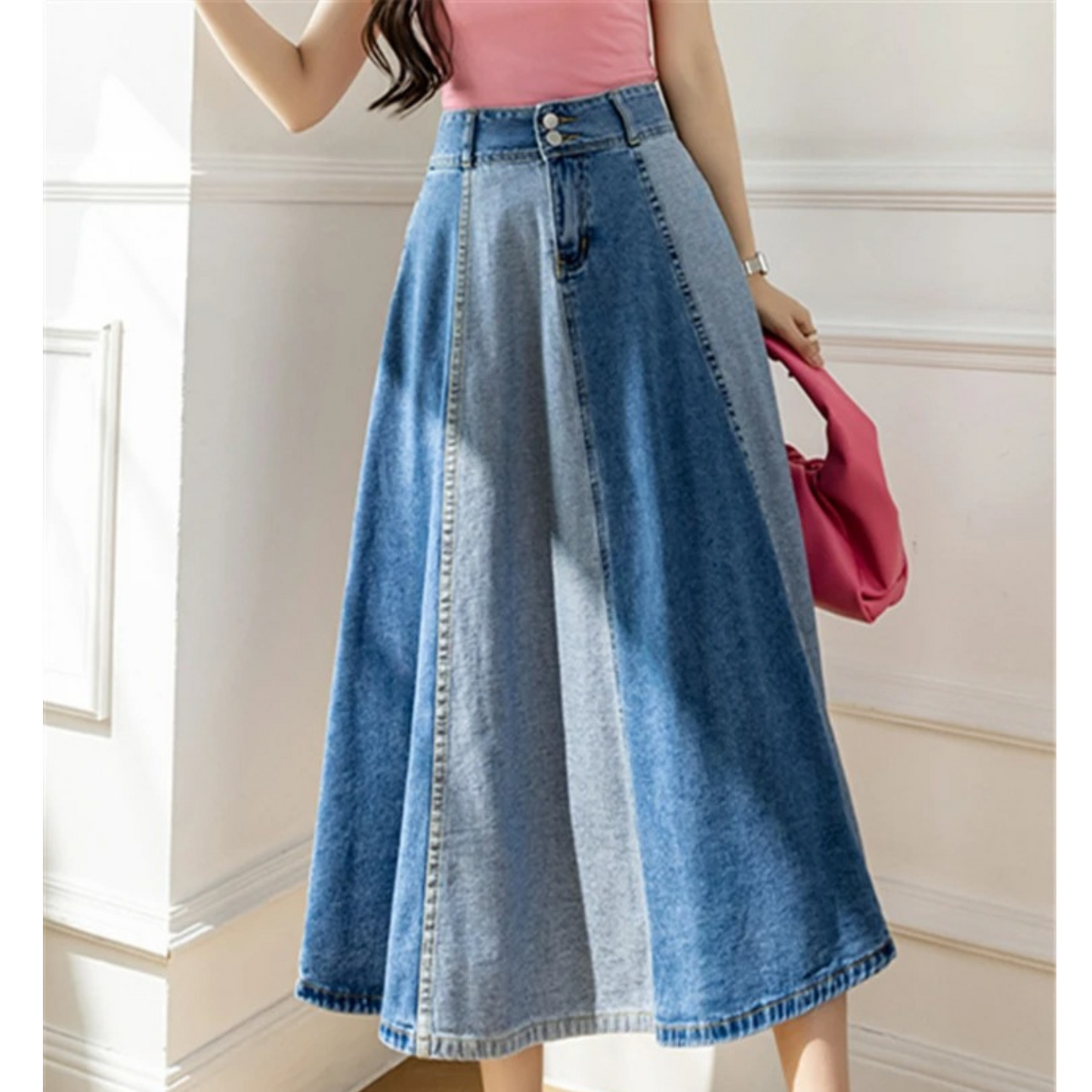 Vibonanza | Denim Kleurblok Midi Rok Hoge Taille
