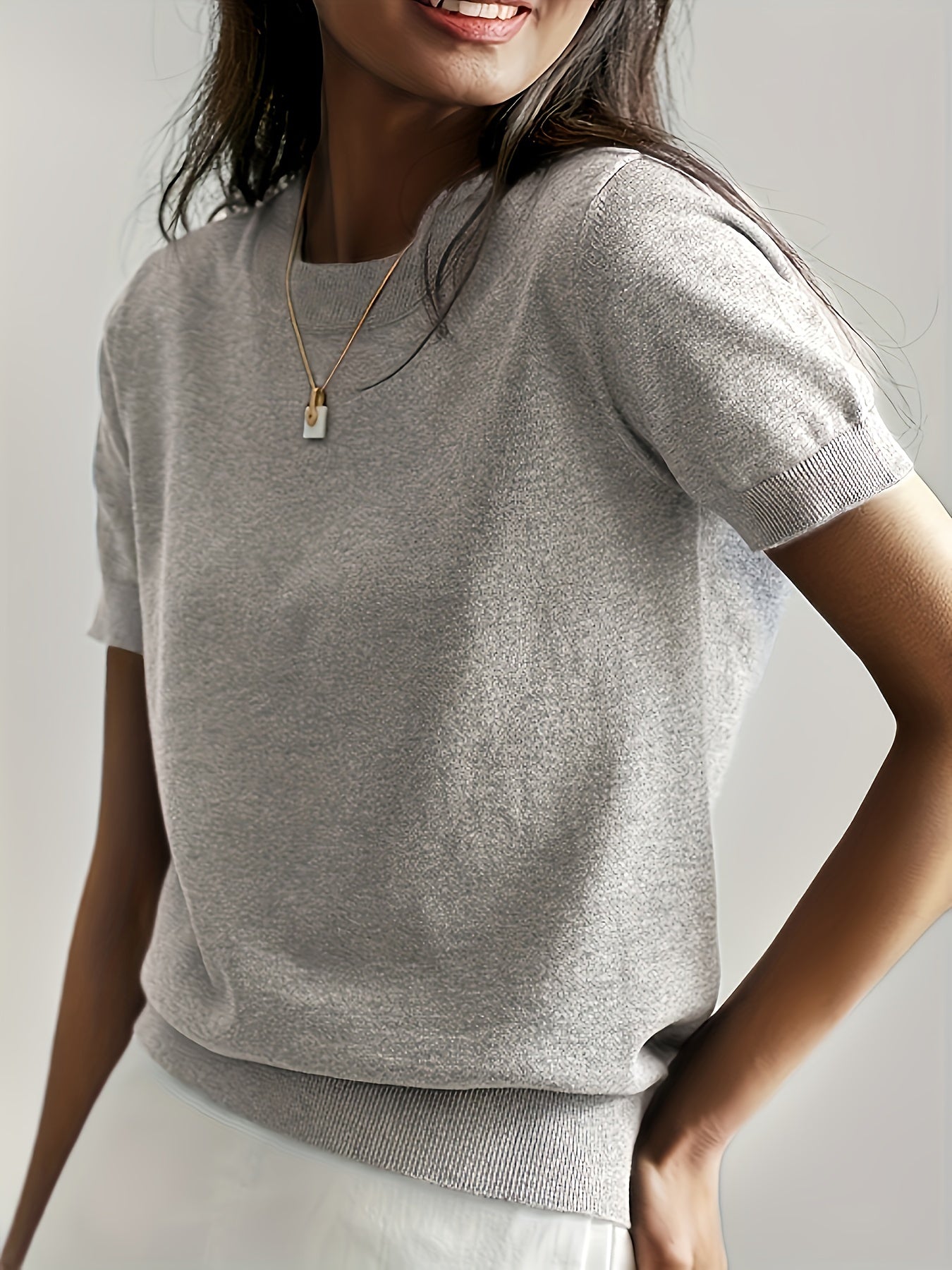 Vibonanza | Grijze T-shirt met Korte Mouw en Zomerstof