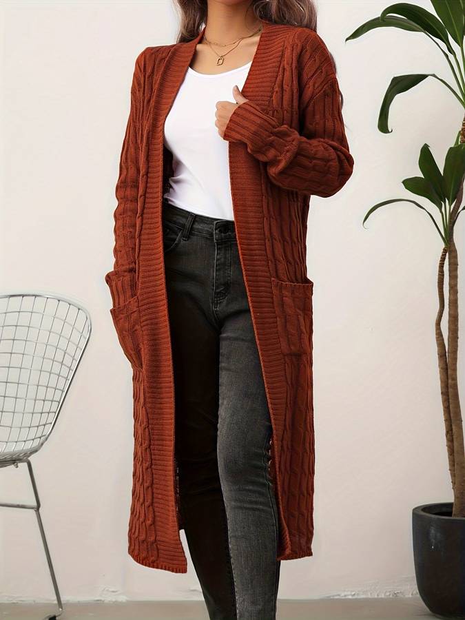 Vibonanza | Dames Lange Bruine Kabelpatroon Cardigan