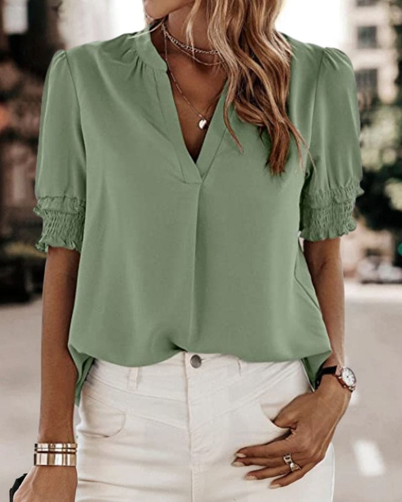 Vibonanza | Damesblouse Korte Mouw V-Hals Chiffon Effen