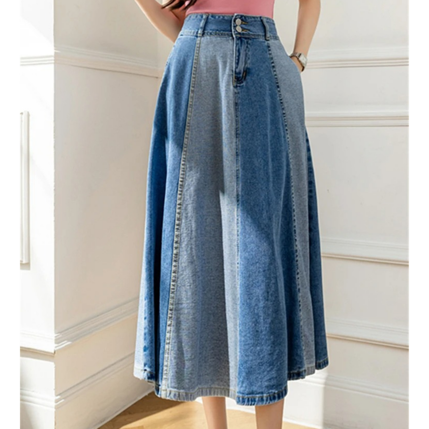 Vibonanza | Denim Kleurblok Midi Rok Hoge Taille